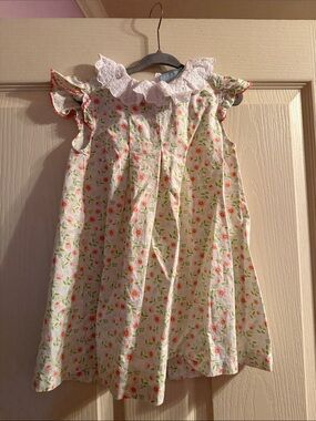Girls Cream Floral Dress with Eyelet Collar